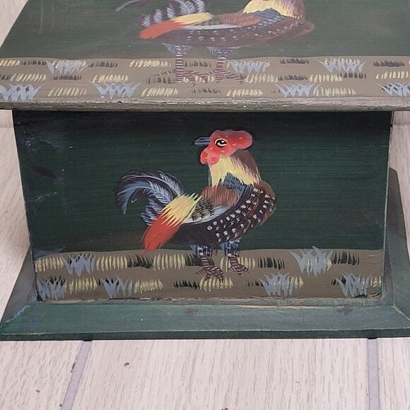 Vintage Handpaited Rooster Wood Recipe Box Bird Farmhouse Cottagecore Boho - Picture 7 of 12